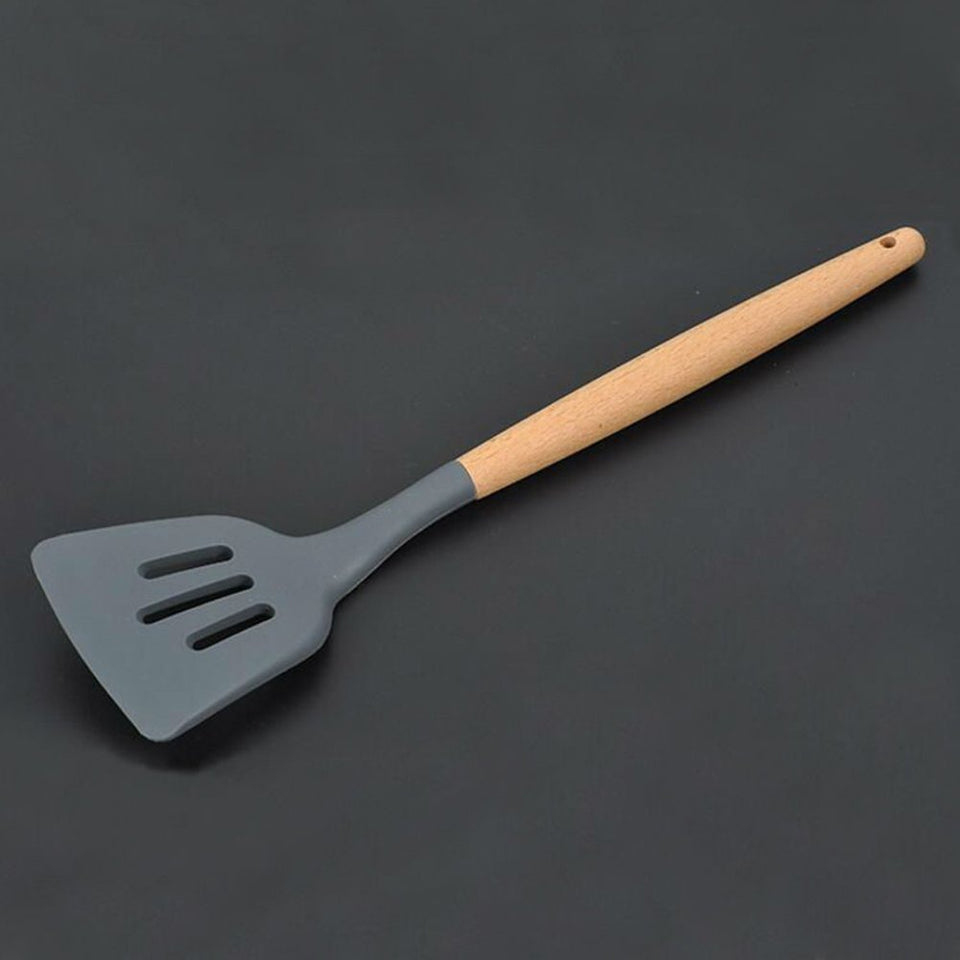 8 utensilios de cocina de silicona con mango de madera, resistente al calor, antiadherente, juego de espátulas, cuchara, espátula, espátula, espátula ranurada, utensilios de cocina, Gris oscuro, free size