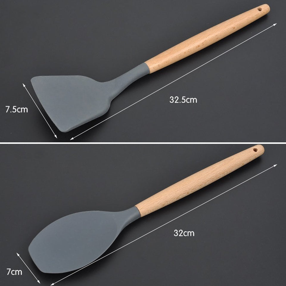 8 utensilios de cocina de silicona con mango de madera, resistente al calor, antiadherente, juego de espátulas, cuchara, espátula, espátula, espátula ranurada, utensilios de cocina, Gris oscuro, free size