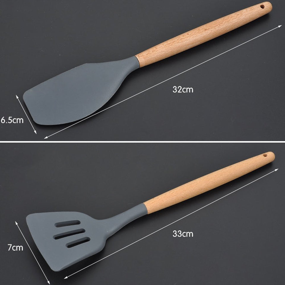 8 utensilios de cocina de silicona con mango de madera, resistente al calor, antiadherente, juego de espátulas, cuchara, espátula, espátula, espátula ranurada, utensilios de cocina, Gris oscuro, free size