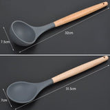 8 utensilios de cocina de silicona con mango de madera, resistente al calor, antiadherente, juego de espátulas, cuchara, espátula, espátula, espátula ranurada, utensilios de cocina, Gris oscuro, free size