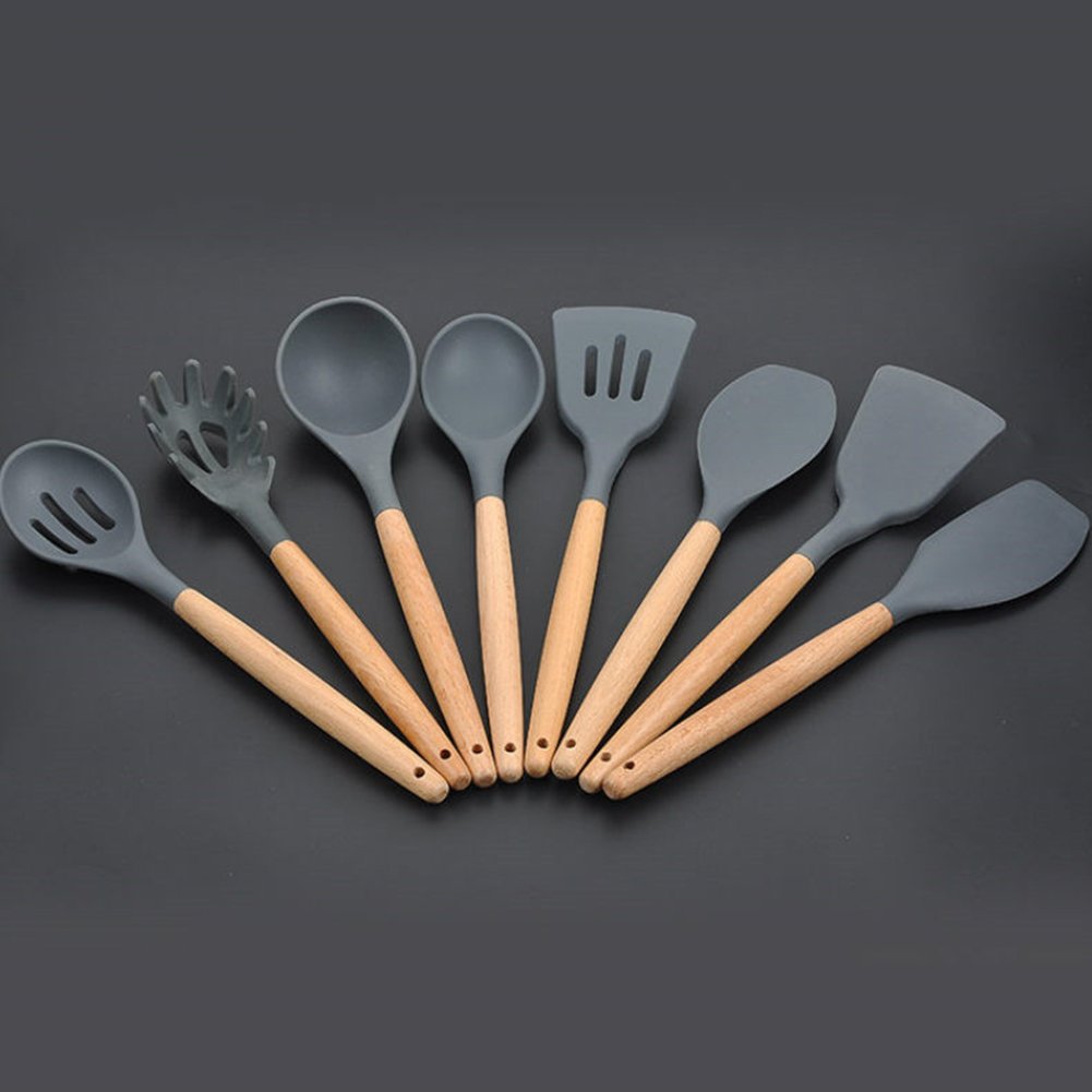 8 utensilios de cocina de silicona con mango de madera, resistente al calor, antiadherente, juego de espátulas, cuchara, espátula, espátula, espátula ranurada, utensilios de cocina, Gris oscuro, free size