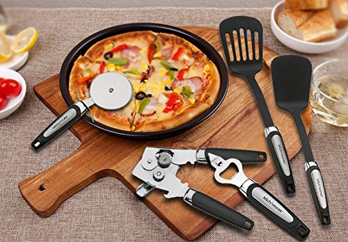 Kitch N' Wares - Juego de utensilios de cocina de 26 piezas, acero inoxidable y nailon, cucharas, espátulas, espátulas, cortador de pizza, cuchillas, cucharas y cucharas medidoras