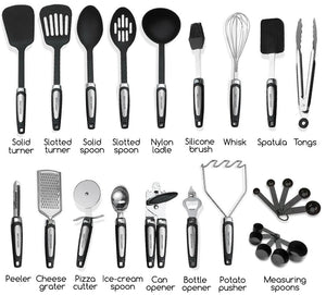 Kitch N' Wares - Juego de utensilios de cocina de 26 piezas, acero inoxidable y nailon, cucharas, espátulas, espátulas, cortador de pizza, cuchillas, cucharas y cucharas medidoras