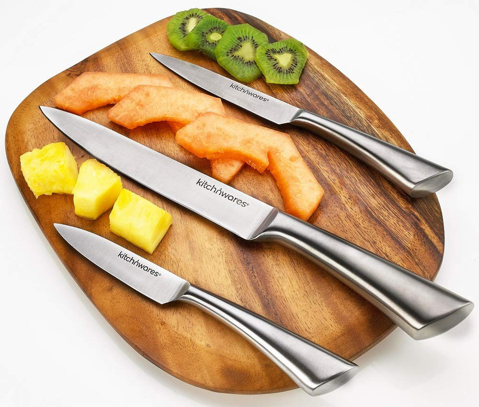 Kitch N' Wares - Juego de cuchillos con soporte acrílico (acero inoxidable, 6 piezas, para cortar y tallar, ideal para cocinar en casa y en la cocina comercial)