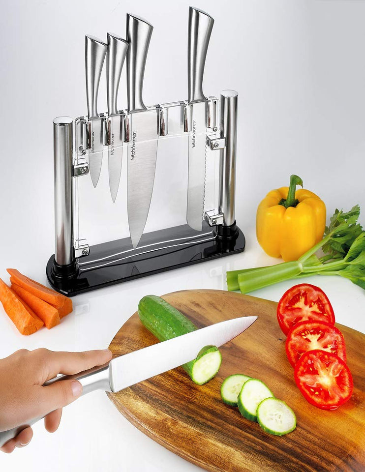 Kitch N' Wares - Juego de cuchillos con soporte acrílico (acero inoxidable, 6 piezas, para cortar y tallar, ideal para cocinar en casa y en la cocina comercial)