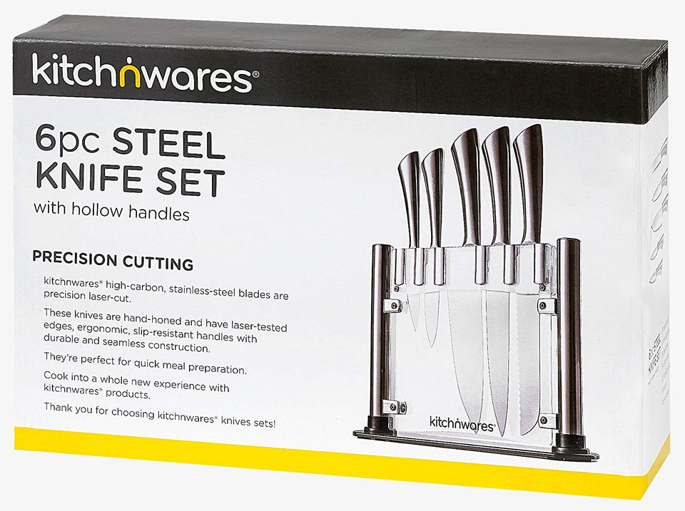 Kitch N' Wares - Juego de cuchillos con soporte acrílico (acero inoxidable, 6 piezas, para cortar y tallar, ideal para cocinar en casa y en la cocina comercial)