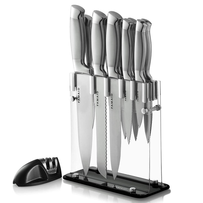 12 piezas de acero inoxidable Set con soporte de acrílico & afilador de cuchillos | mejor Chef, Cocina, Utility, cuchillo de trinchar & pelar Steak & el pan Cuchillos | Equipo de cocina profesional | Gran cocinera Utensilio regalo